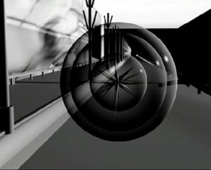 "Nach-Vorne-Gehen" ist eine experimentelle Videoanimation. Ein computeranimiertes Kugelgebilde bahnt sich den Weg durch digitale Verwirrungen.